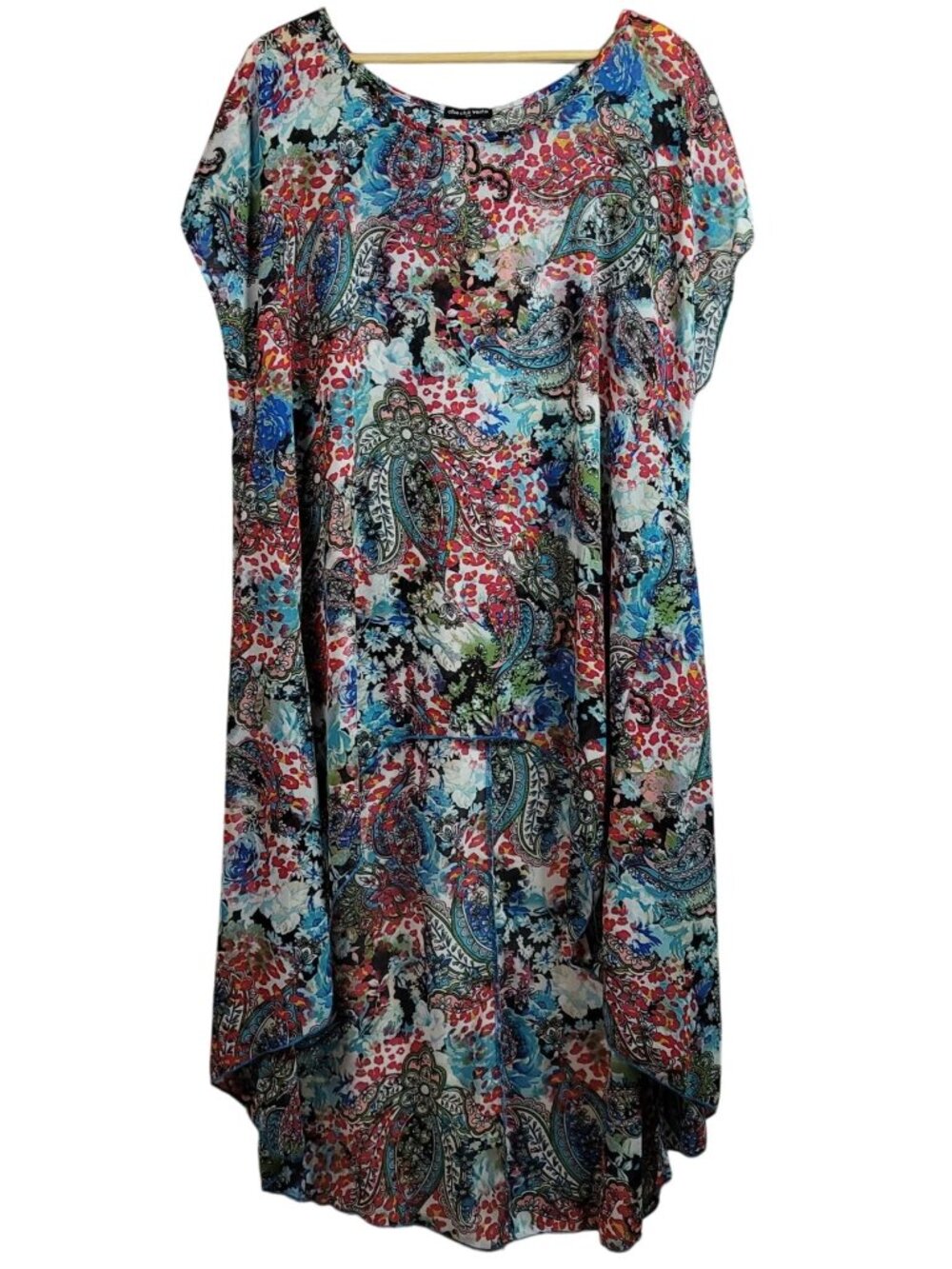 Cha Cha Vente Sheer Hi Low Tunic Top Multi 2X Pullover Paisley Boho Resort Beach